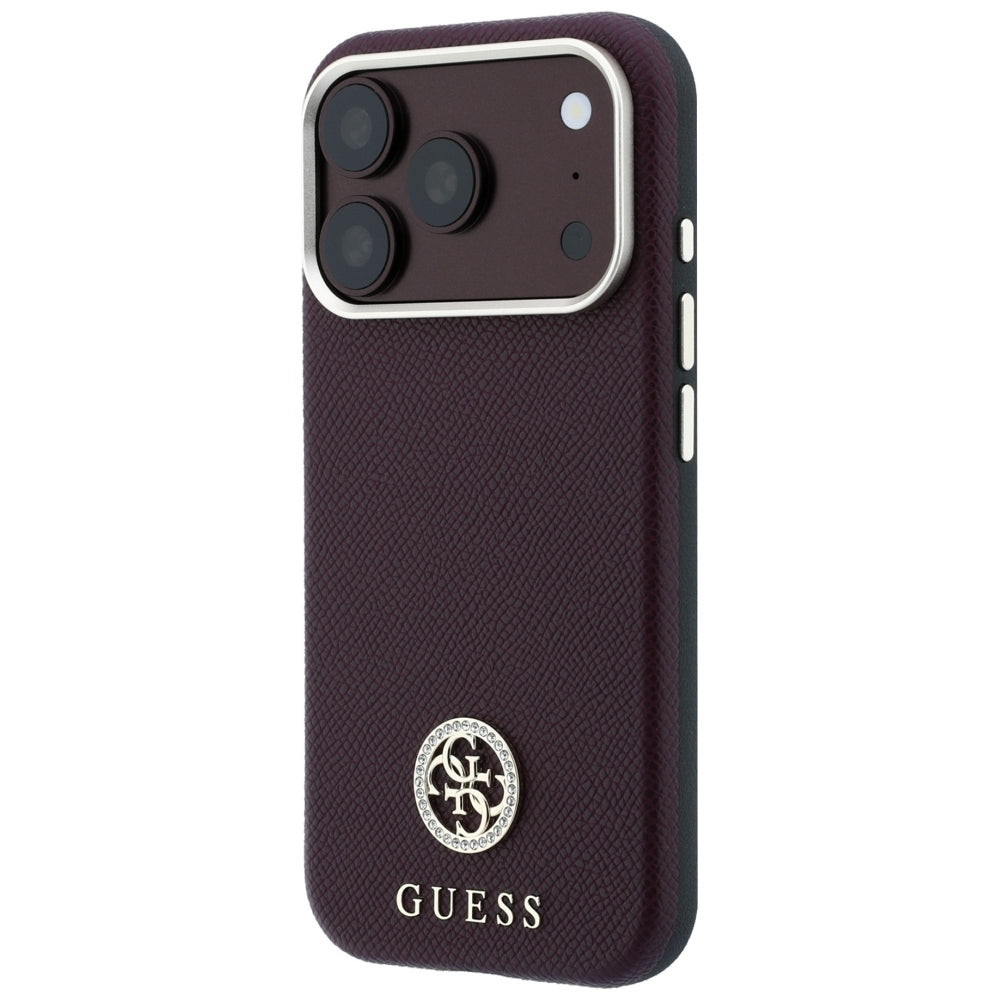 MagSafe Case for Apple iPhone 18 Pro / 17 Pro, Guess, Grained Round Strass Logo, Burgundy
