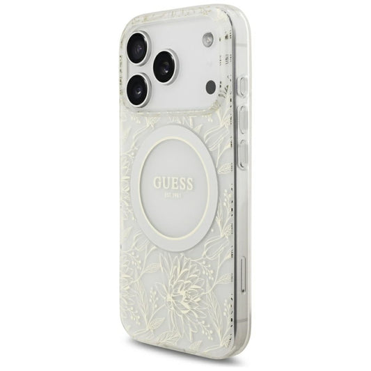MagSafe Case for Apple iPhone 18 Pro / 17 Pro, Guess, IML Flowers Electroplated with Pearl Strap, White