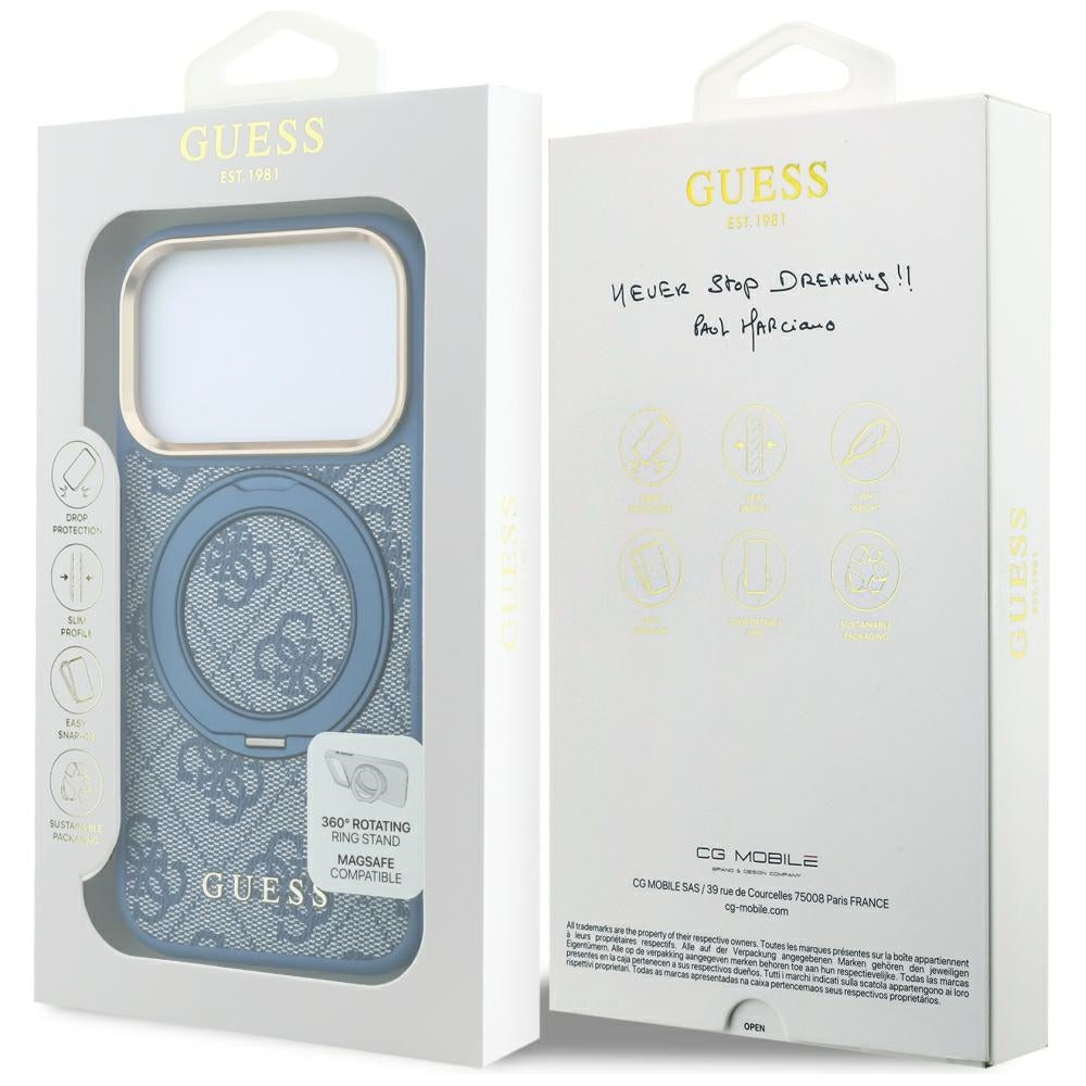 MagSafe Case for Apple iPhone 18 Pro / 17 Pro, Guess, Ring Stand 360 4G Classic Logo, Blue