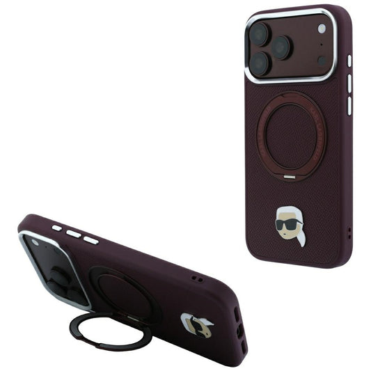 MagSafe Case for Apple iPhone 18 Pro / 17 Pro, Karl Lagerfeld, Ring Stand 360 Karl Pin, Burgundy