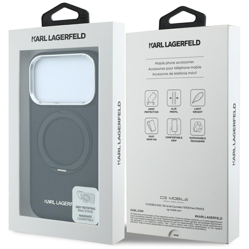 MagSafe Case for Apple iPhone 18 Pro / 17 Pro, Karl Lagerfeld, Ring Stand 360 Saffiano, Black