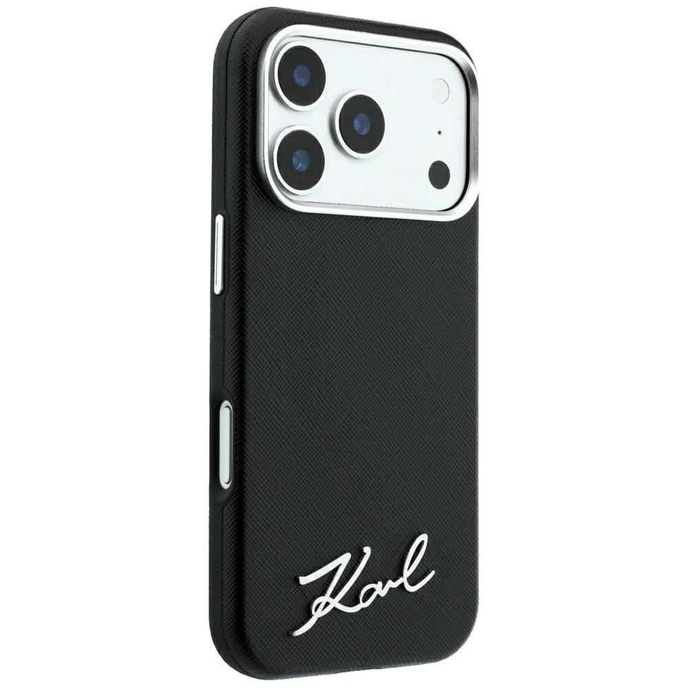 MagSafe Case for Apple iPhone 18 Pro / 17 Pro, Karl Lagerfeld, Saffiano Small Script Metal Logo, Black