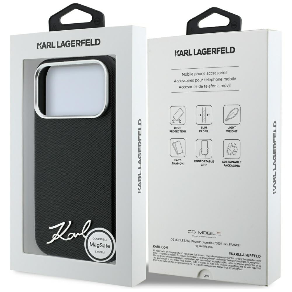 MagSafe Case for Apple iPhone 18 Pro / 17 Pro, Karl Lagerfeld, Saffiano Small Script Metal Logo, Black