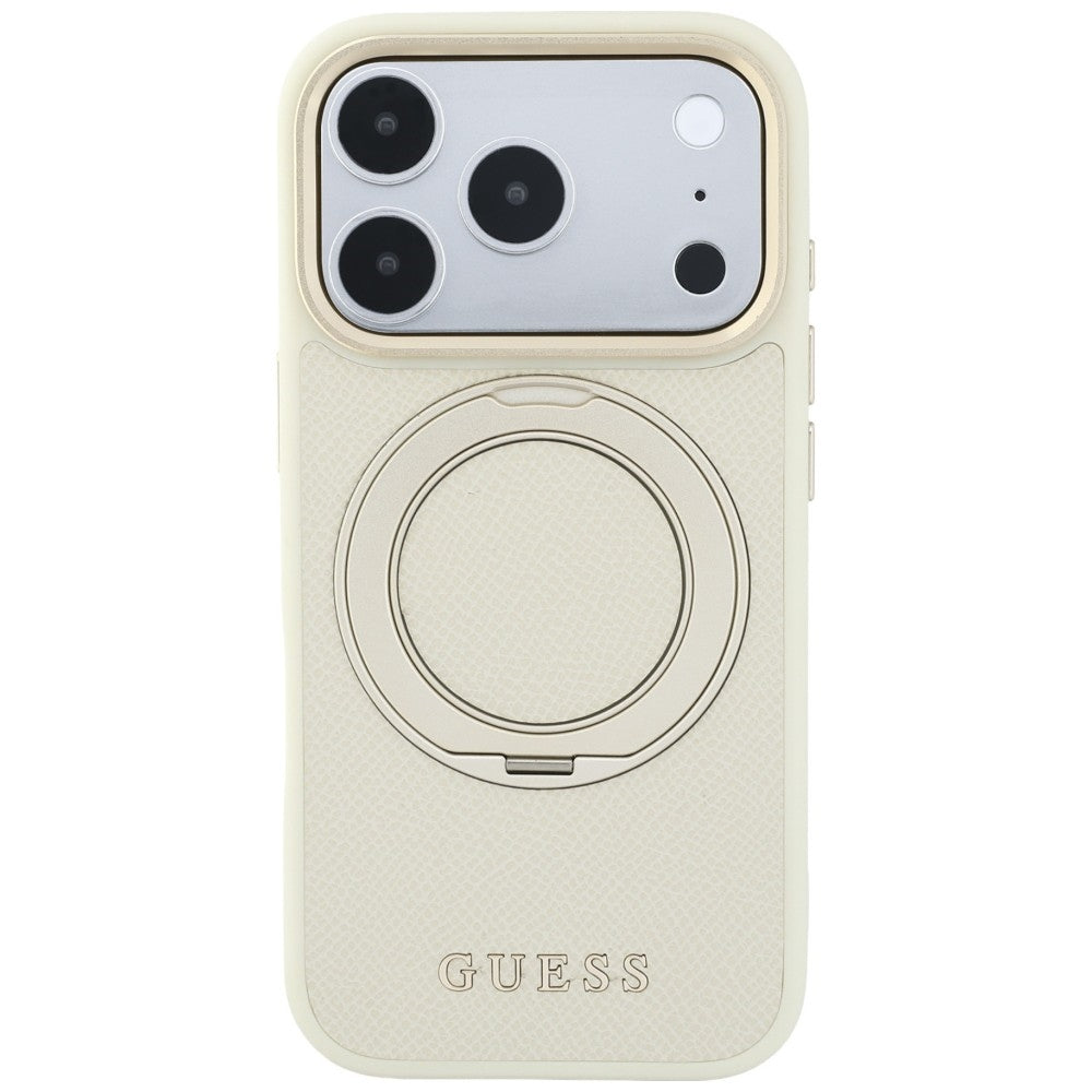 MagSafe Case for Apple iPhone 18 Pro Max / 17 Pro Max, Guess, Grained Ring Stand 360 Classic, Beige
