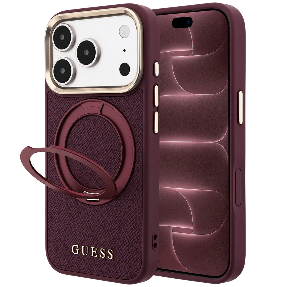 MagSafe Case for Apple iPhone 18 Pro Max / 17 Pro Max, Guess, Grained Ring Stand 360 Classic, Burgundy