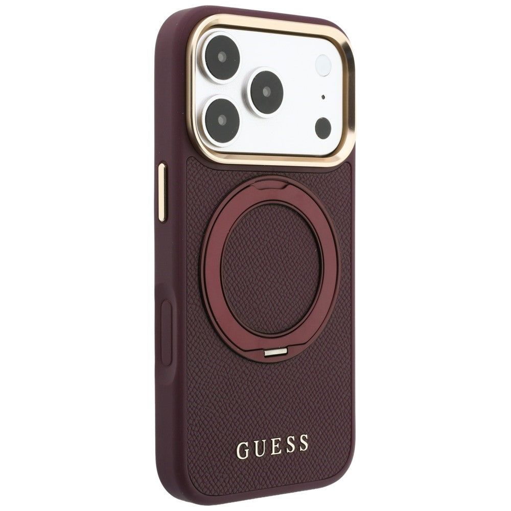 MagSafe Case for Apple iPhone 18 Pro Max / 17 Pro Max, Guess, Grained Ring Stand 360 Classic, Burgundy