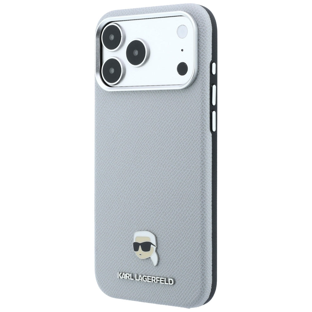 MagSafe Case for Apple iPhone 18 Pro Max / 17 Pro Max, Karl Lagerfeld, Grained Karl Head's Metal, Gray