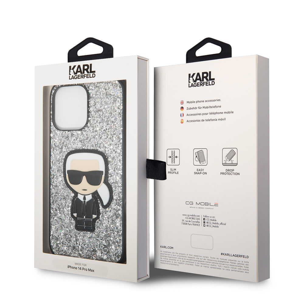 Case for Apple iPhone 14 Pro Max, Karl Lagerfeld, Glitter Flakes Ikonik Karl, Silver