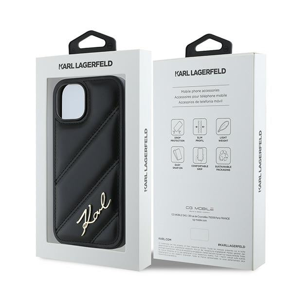 Case for Apple iPhone 15, Karl Lagerfeld, Diagonal Quilted Script, Black