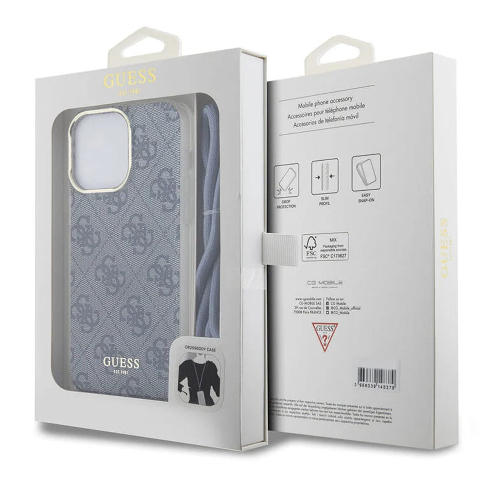 Case for Apple iPhone 15 Pro, Guess, Crossbody Cord 4G Print, Blue