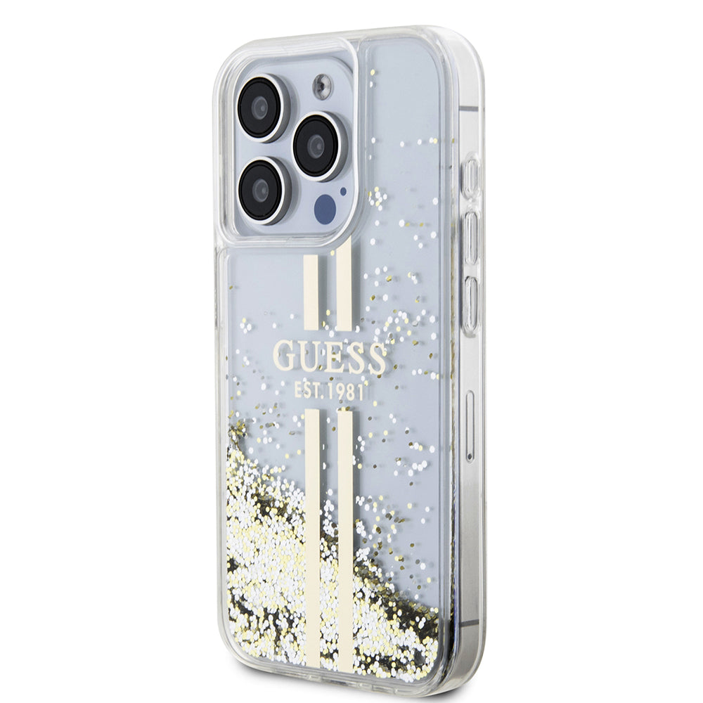 Case for Apple iPhone 15 Pro, Guess, Liquid Glitter Gold Stripes, Transparent