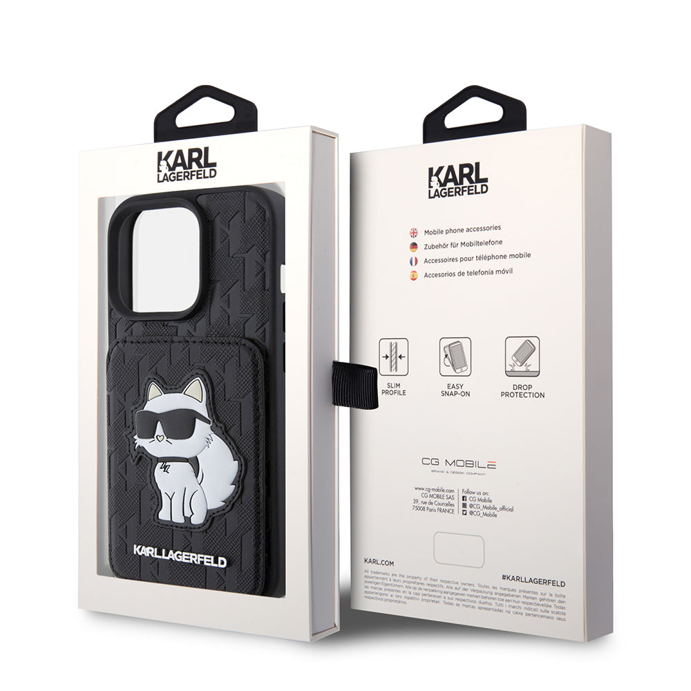 Case for Apple iPhone 15 Pro, Karl Lagerfeld, Saffiano Cardslots and Stand Monogram Choupette, Black