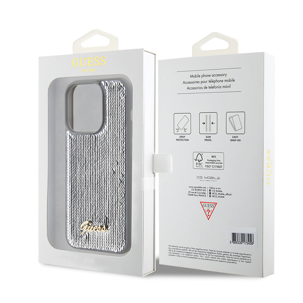 Case for Apple iPhone 15 Pro Max, Guess, Sequin Script Metal, Silver