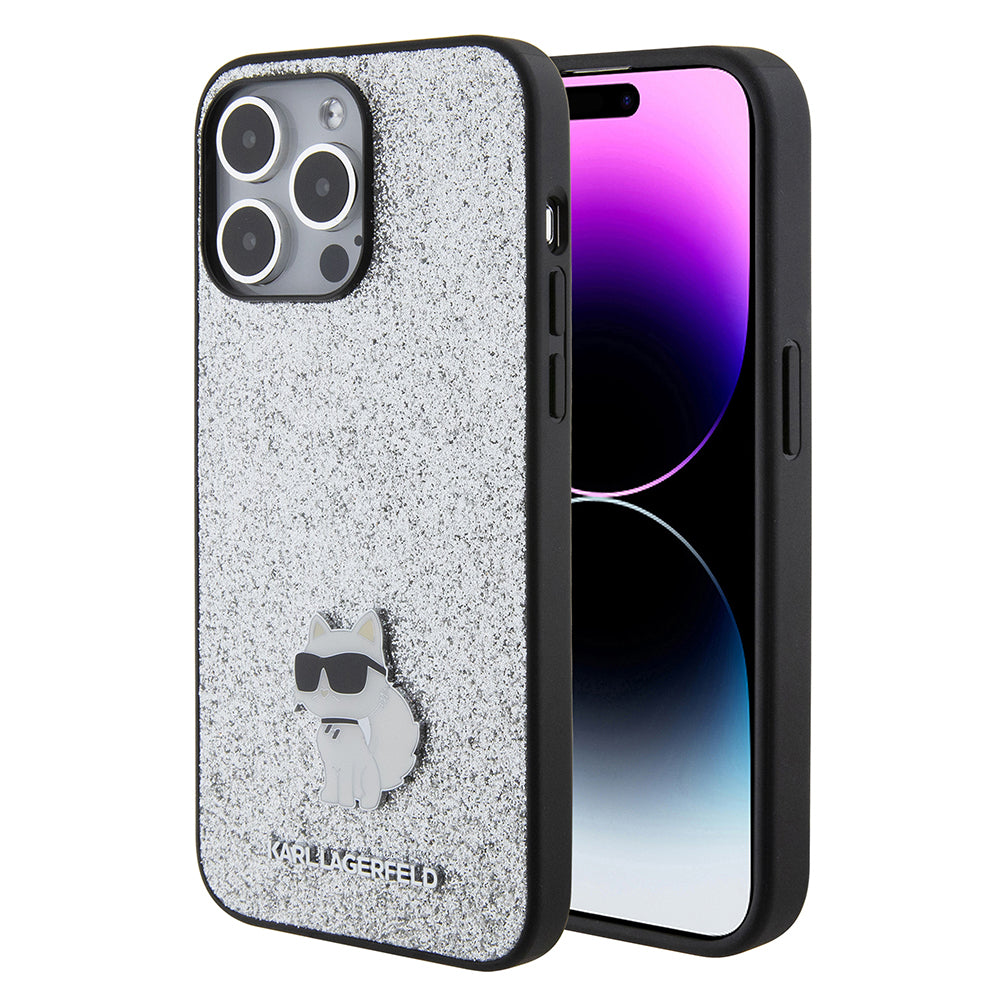 Case for Apple iPhone 15 Pro Max, Karl Lagerfeld, Glitter Fixed Choupette Logo, Silver