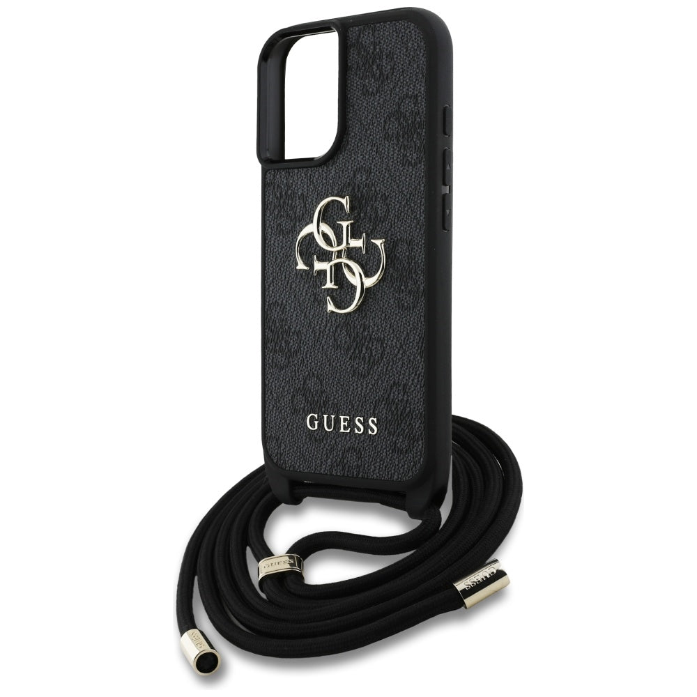 Case for Apple iPhone 16, Guess, 4G CBDY Big Logo with Cord Strap, Black