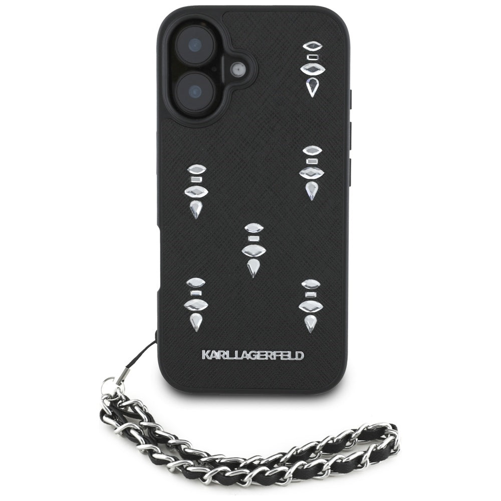 Case for Apple iPhone 16, Karl Lagerfeld, Saffiano Crystals & Charm, Black