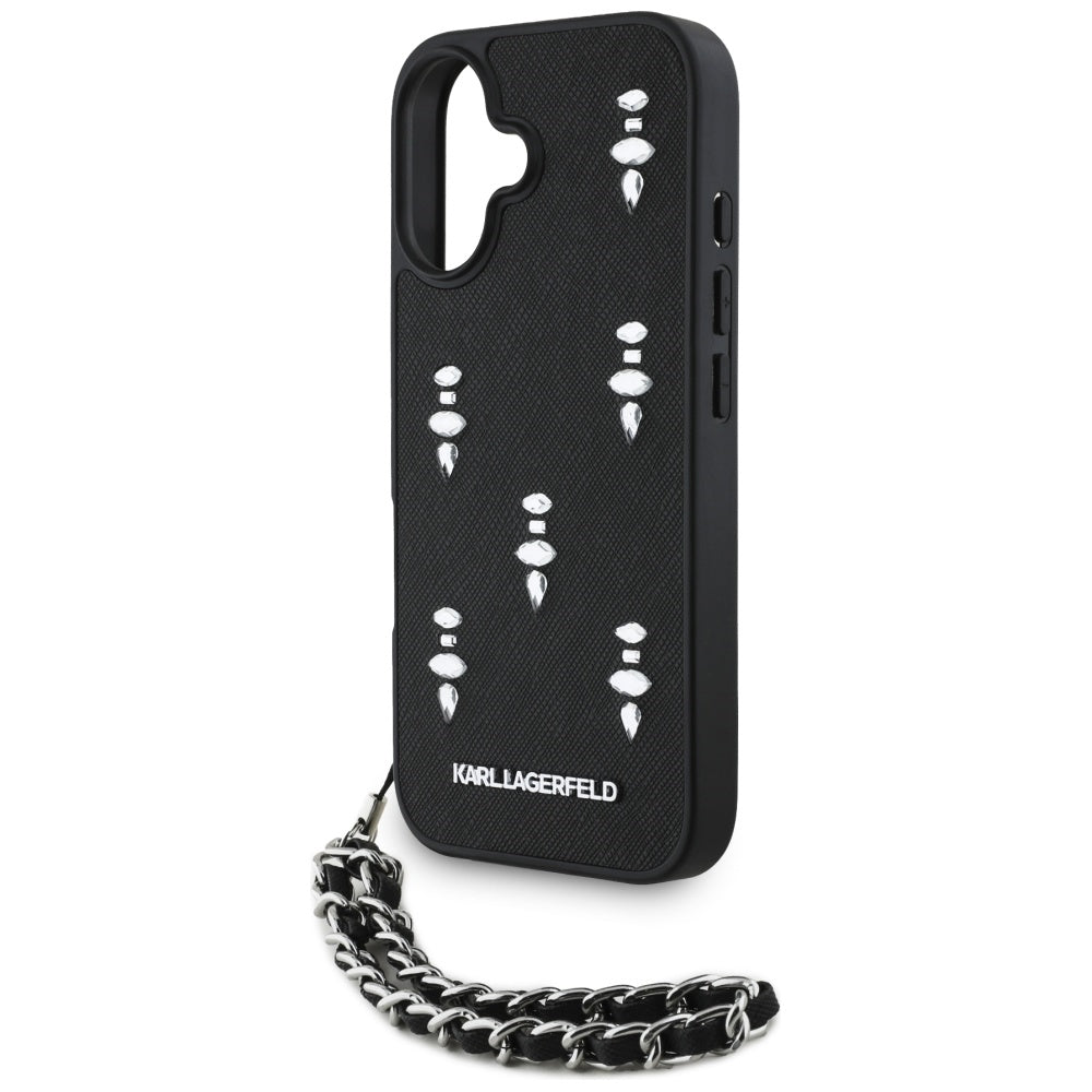 Case for Apple iPhone 16, Karl Lagerfeld, Saffiano Crystals & Charm, Black