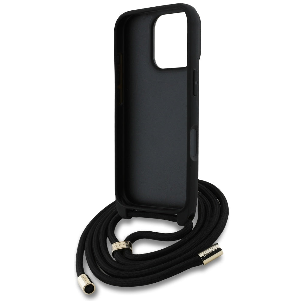 Case for Apple iPhone 16 Pro, Guess, 4G CBDY Big Logo with Cord Strap, Black