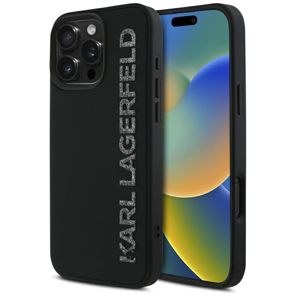 Case for Apple iPhone 16 Pro, Karl Lagerfeld, 3D Rubber Elongated Glitter Logo, Black
