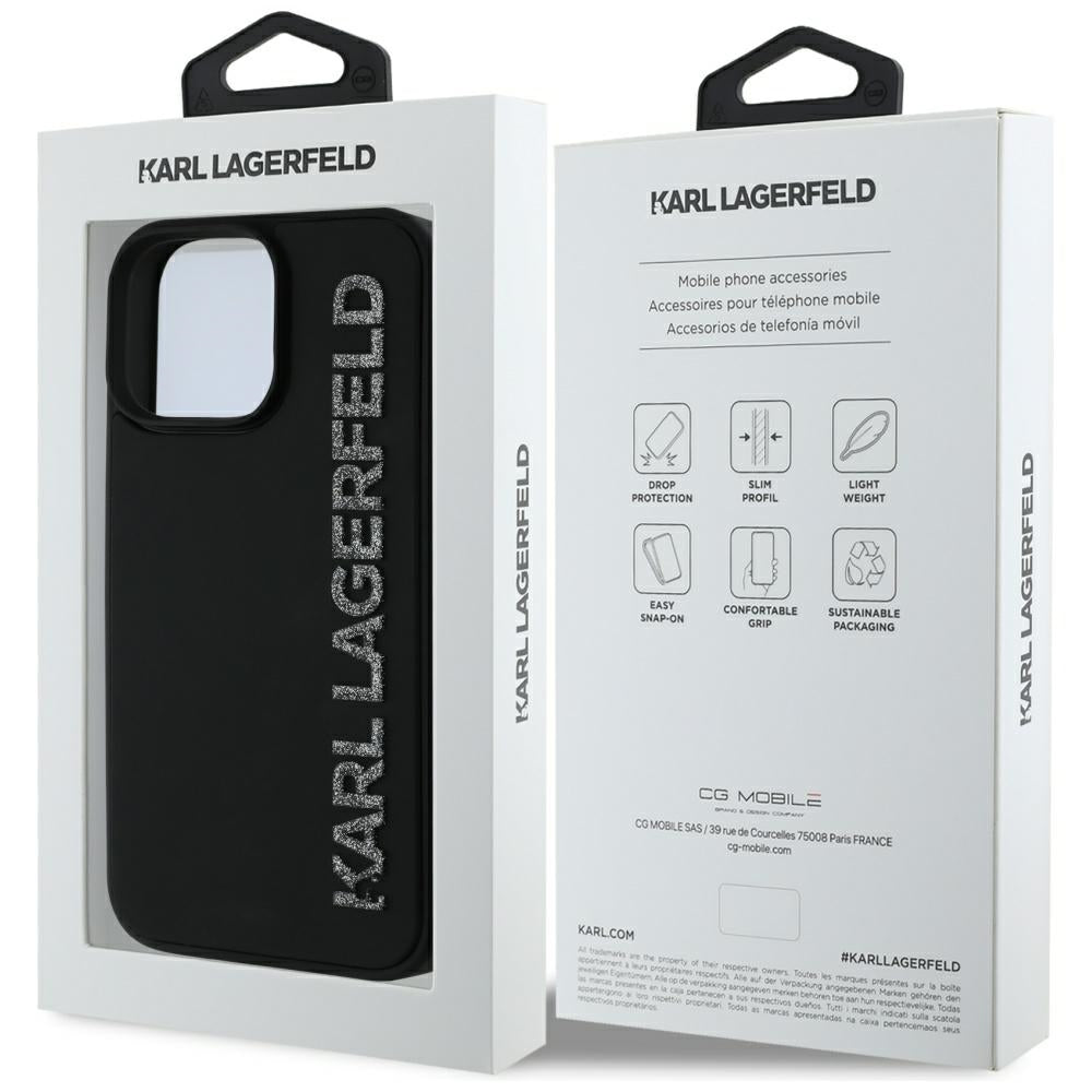 Case for Apple iPhone 16 Pro, Karl Lagerfeld, 3D Rubber Elongated Glitter Logo, Black