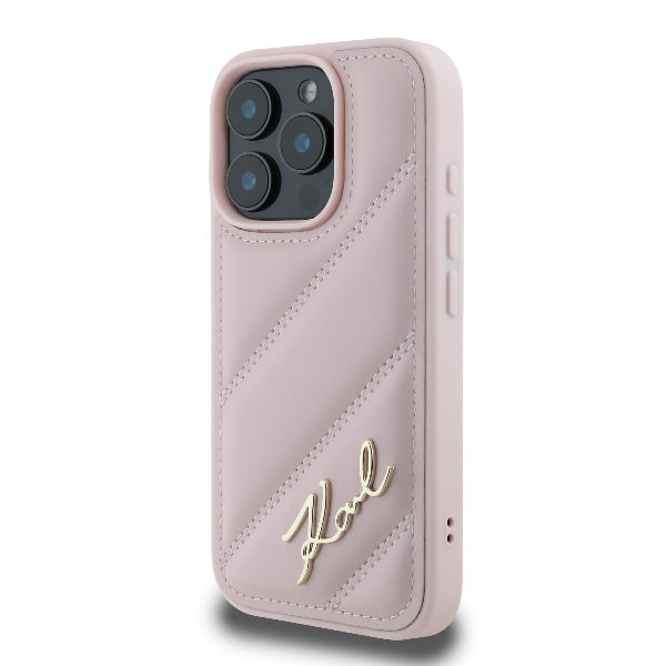Case for Apple iPhone 16 Pro, Karl Lagerfeld, Diagonal Quilted Script, Pink