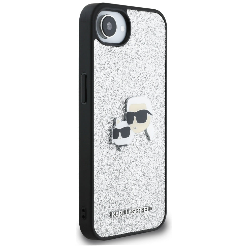 Case for Apple iPhone 17e / 16e, Karl Lagerfeld, Glitter Fixed Karl & Choupette's Heads, Silver