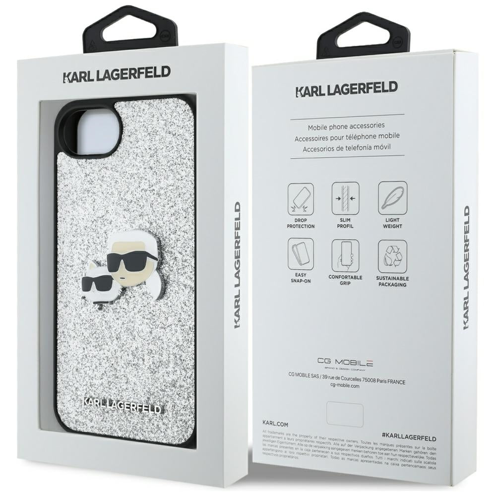 Case for Apple iPhone 17e / 16e, Karl Lagerfeld, Glitter Fixed Karl & Choupette's Heads, Silver