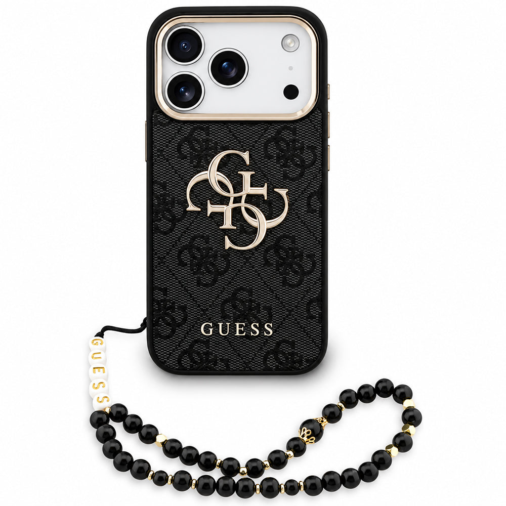 Case for Apple iPhone 18 Pro / 17 Pro, Guess, 4G Classic Logo with Strap, Black Gold