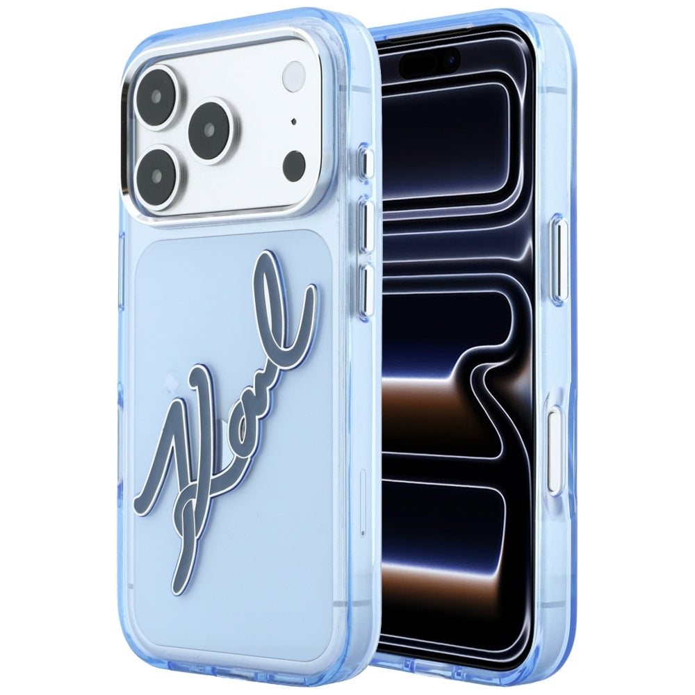 Case for Apple iPhone 18 Pro Max / 17 Pro Max, Karl Lagerfeld, IML Big Signature Resin Logo Metal Frame, Blue