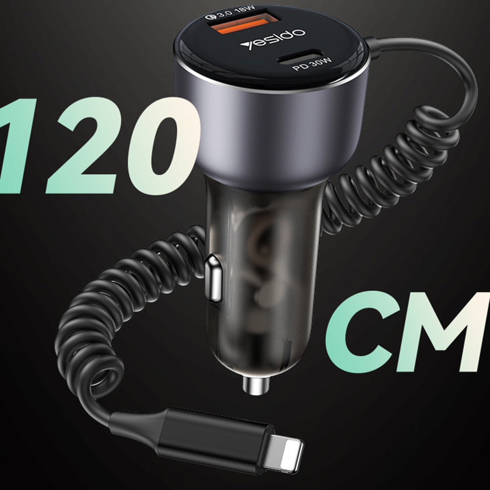 Car Charger with Lightning Cable Yesido Y57, 50W, 3A, 1 x USB-A - 1 x USB-C, Black