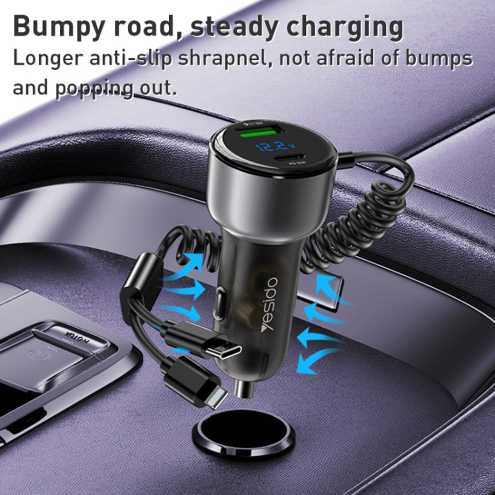 Car Charger with USB-C / Lightning Cable Yesido Y58 Display, 60W, 3A, 1 x USB-A - 1 x USB-C, Gray