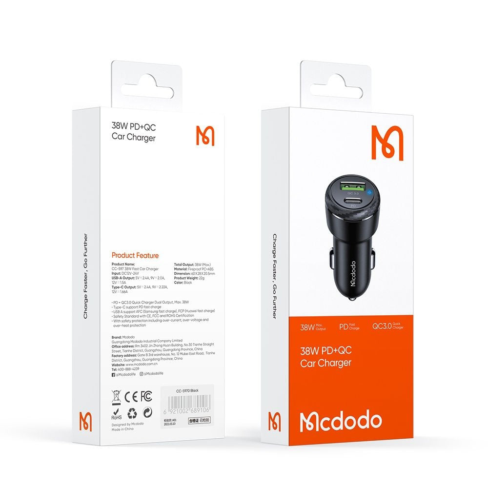 McDodo CC-5970 Car Charger, 38W, 3A, 1 x USB-A - 1 x USB-C, Black