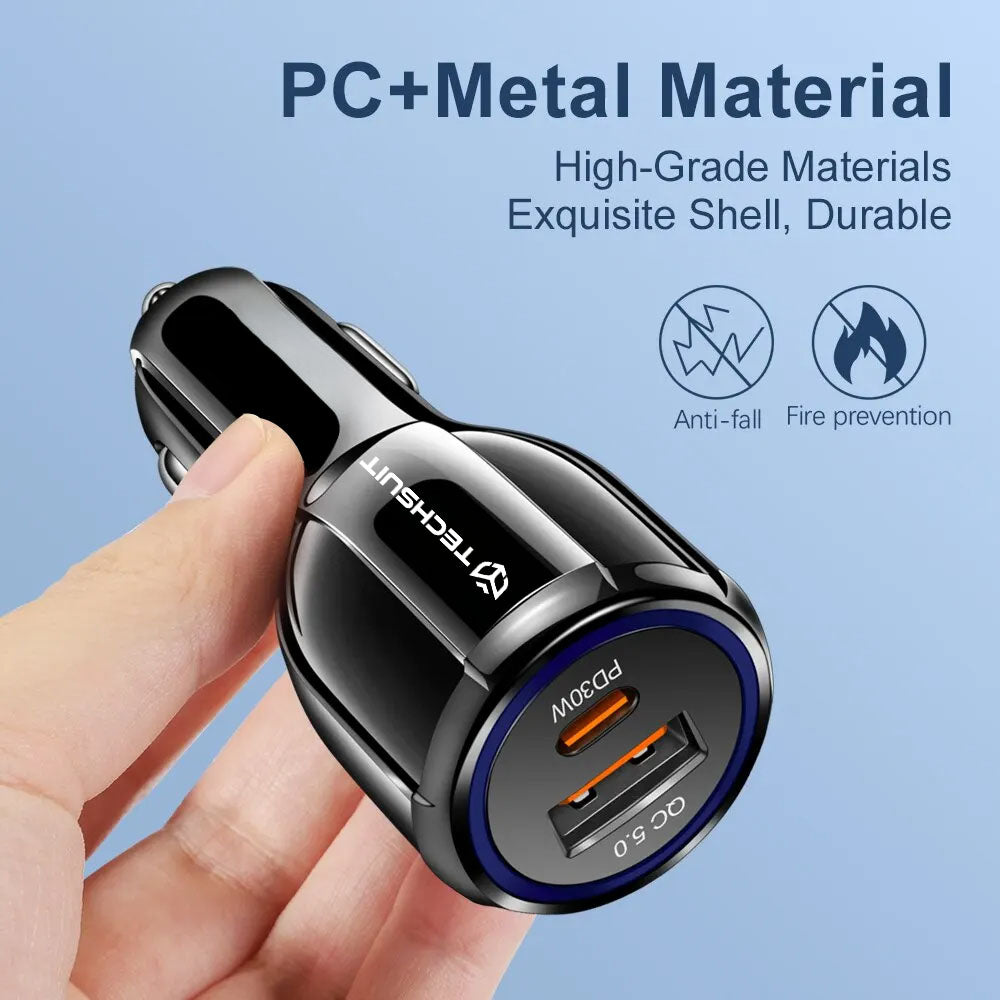 Techsuit TE-022 Premium Car Charger, 60W, 3A, 1 x USB-A - 1 x USB-C, Black