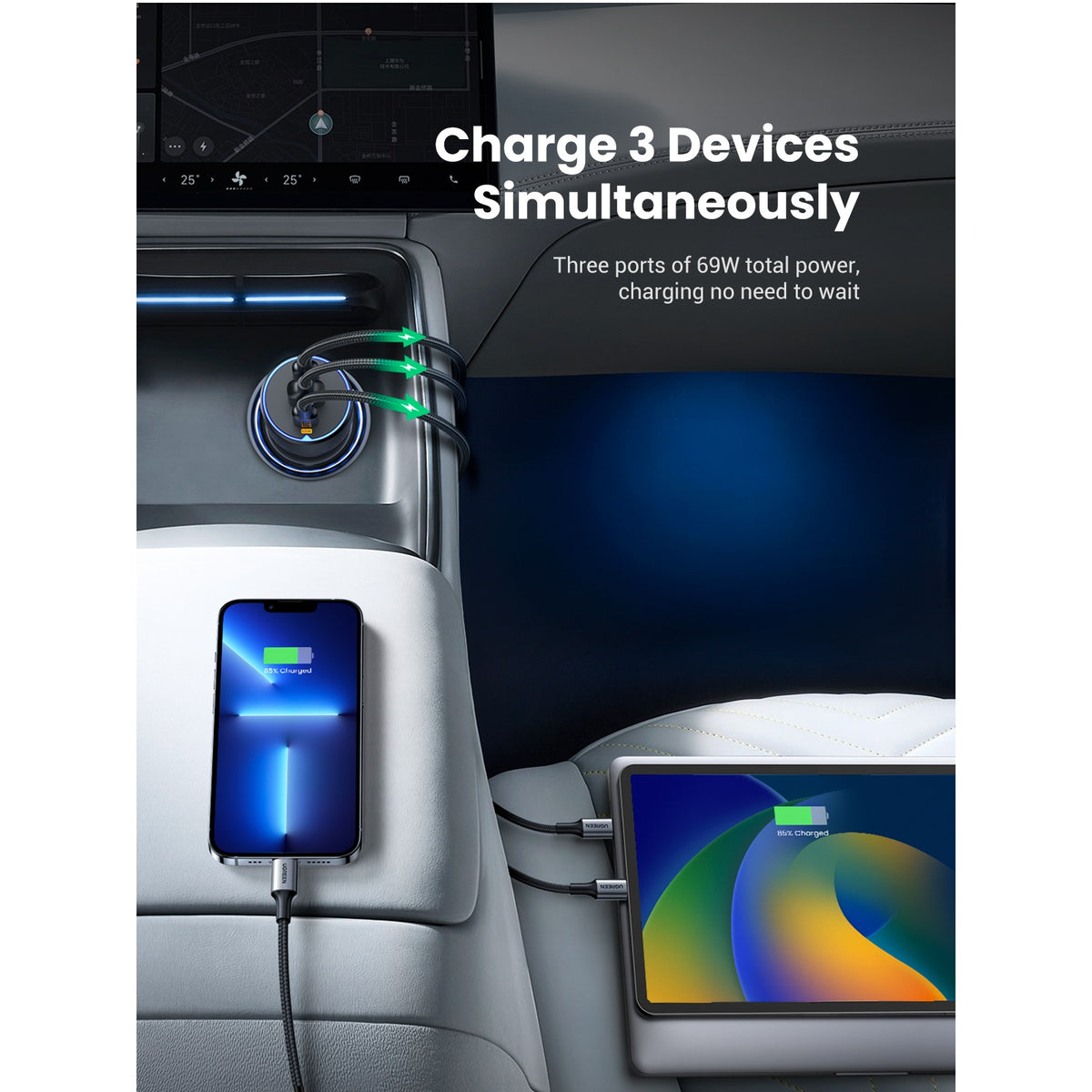 UGREEN EC703 Car Charger, 75W, 3.25A, 1 x USB-A - 2 x USB-C, Black