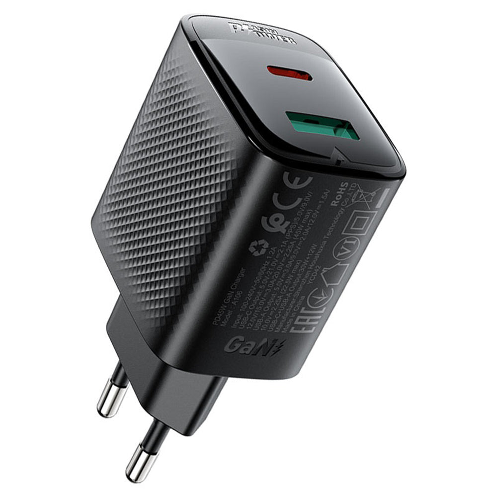 Acefast A106 Network Charger, 45W, 3A, 1 x USB-A - 1 x USB-C, Black