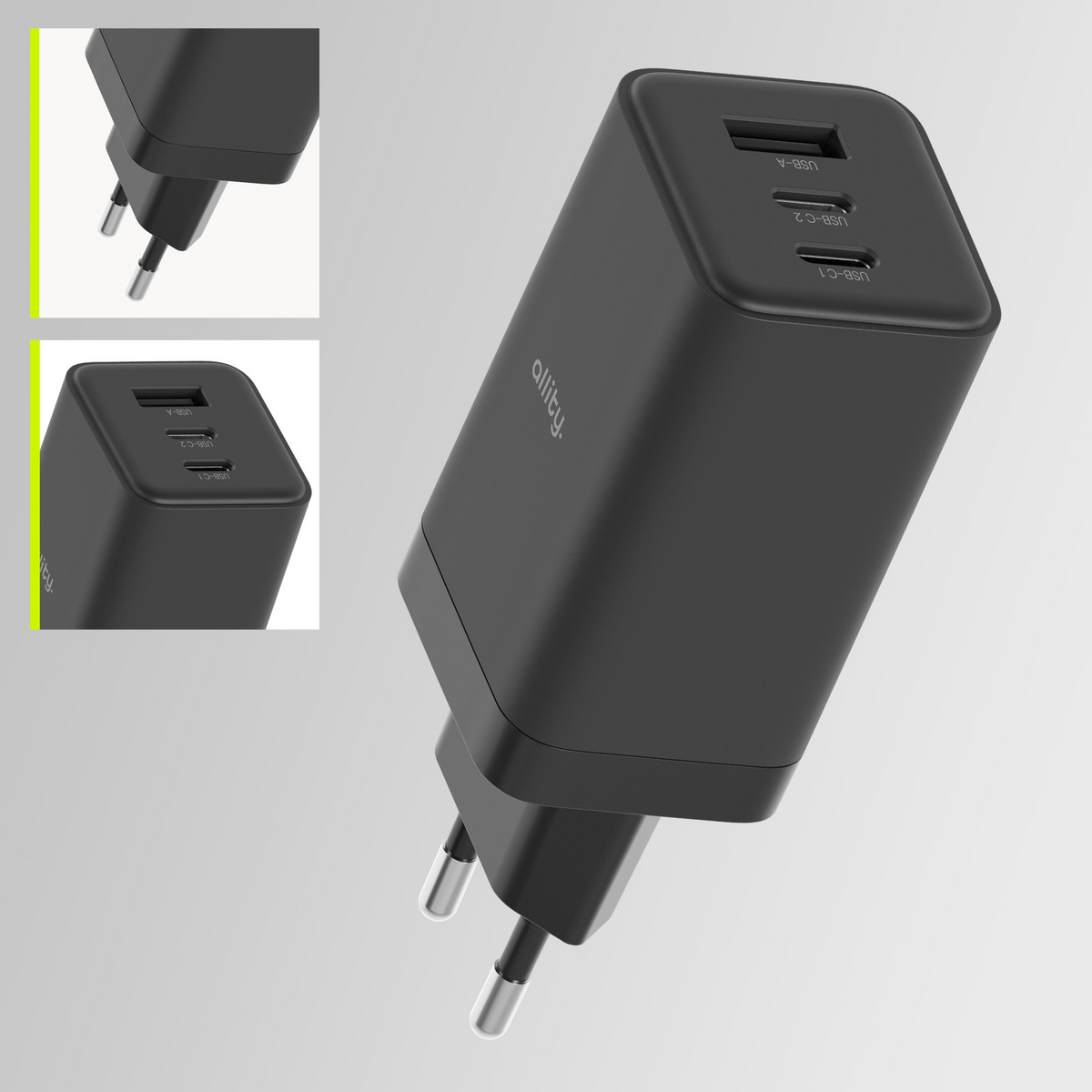 Allity Network Charger. ATC-01-65WACC Fast, 65W, 3.25A, 1 x USB-A - 2 x USB-C, Black