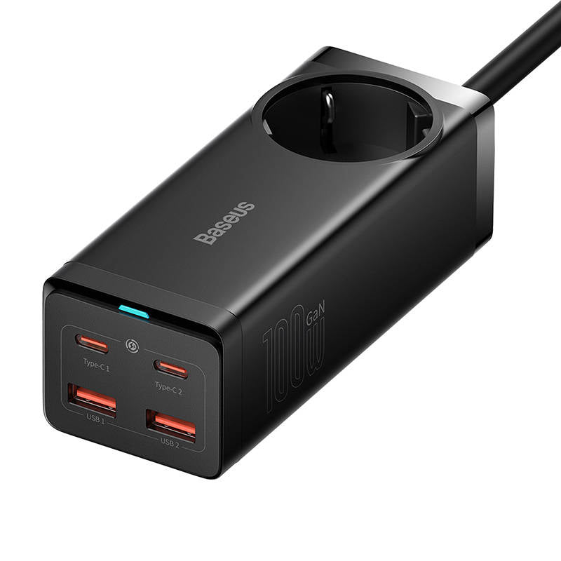 Baseus GaN3 Pro Power Strip, 1 x Schuko - 2 x USB-A - 2 x USB-C, Black PSZM000401