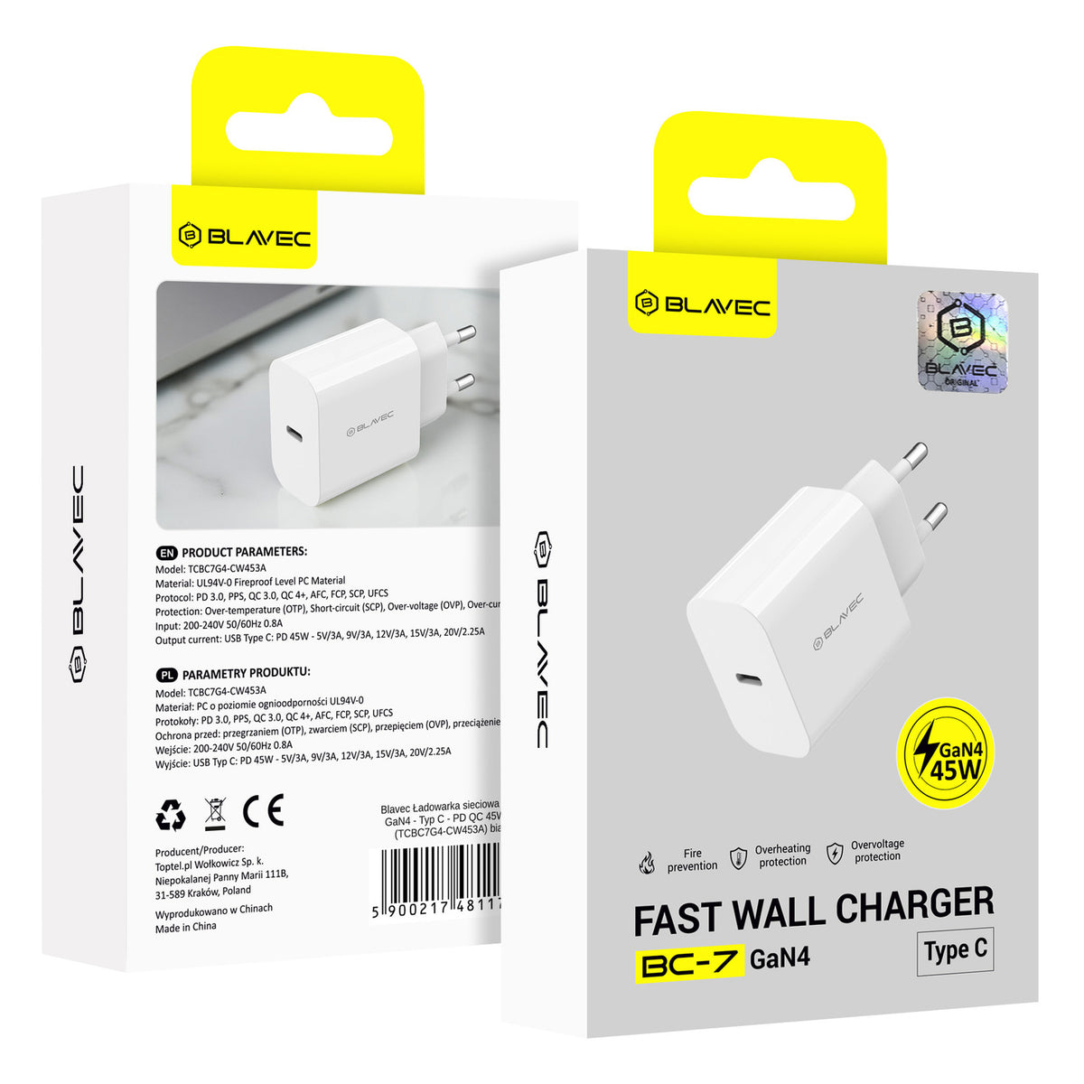 Blavec BC-7 Network Charger, 45W, 3A, 1 x USB-C, White