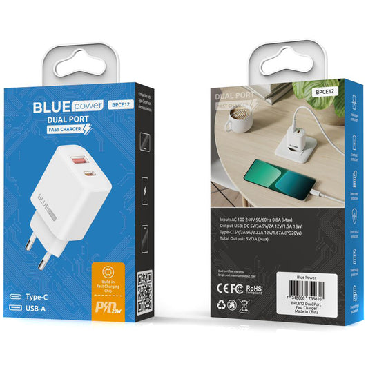 Network Charger Blue Power BPCE12, 20W, 3A, 1 x USB-A - 1 x USB-C, White