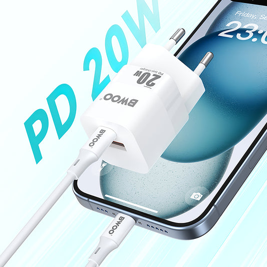 Network Charger BWOO BO-CDA156, 20W, 3A, 1 x USB-A - 1 x USB-C, White
