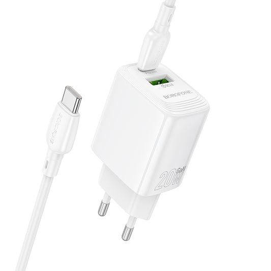 Network Charger with USB-C Cable Borofone BN27 Fuente, 20W, 3A, 1 x USB-A - 1 x USB-C, White