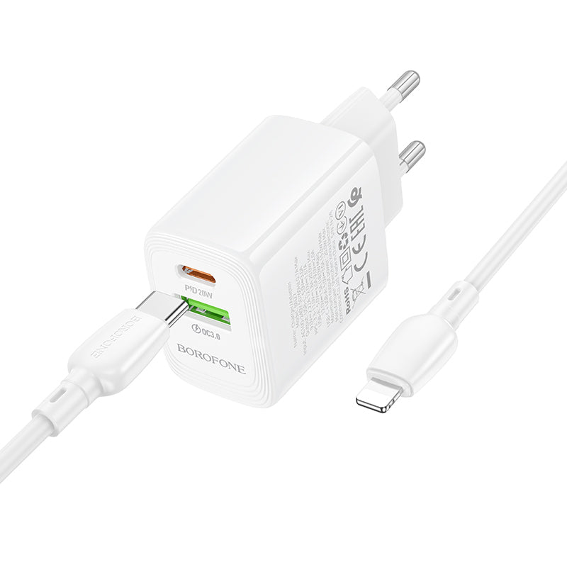 Network Charger with Lightning Cable Borofone BN27 Fuente, 20W, 3A, 1 x USB-A - 1 x USB-C, White