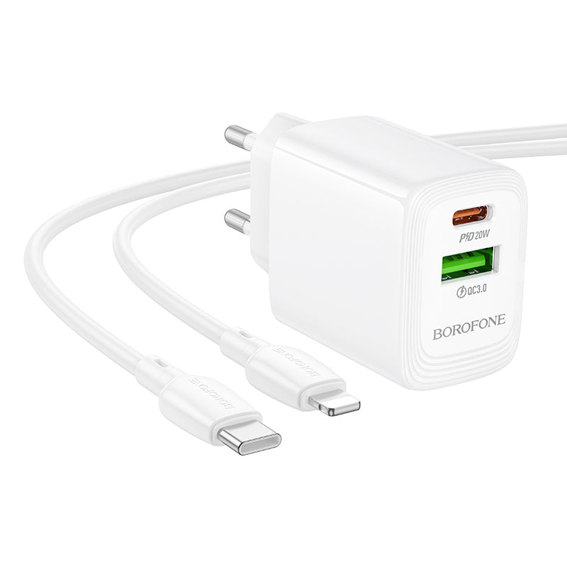 Network Charger with Lightning Cable Borofone BN27 Fuente, 20W, 3A, 1 x USB-A - 1 x USB-C, White