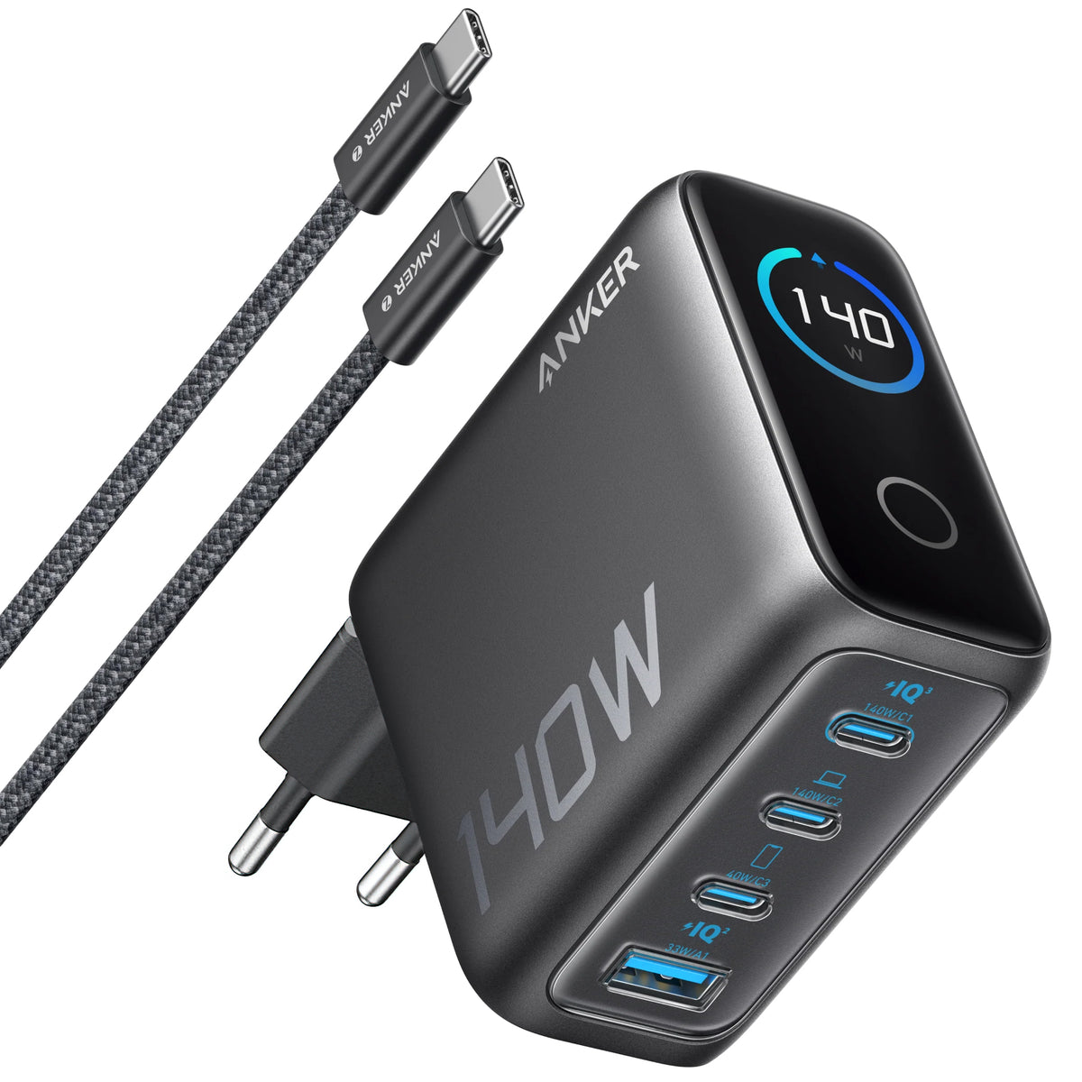 Anker Zolo USB-C Network Charger with Cable, 140W, 5A, 1 x USB-A - 3 x USB-C, Black B2697GZ1