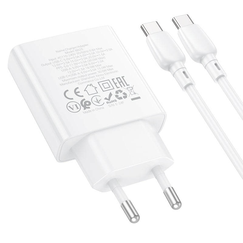 Network Charger with USB-C Cable Borofone BN25 Wish, 30W, 3A, 1 x USB-A - 1 x USB-C, White