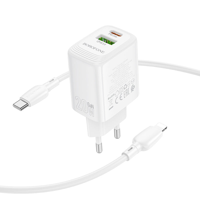 Network Charger with Lightning Cable Borofone BN27 Fuente, 20W, 3A, 1 x USB-A - 1 x USB-C, White