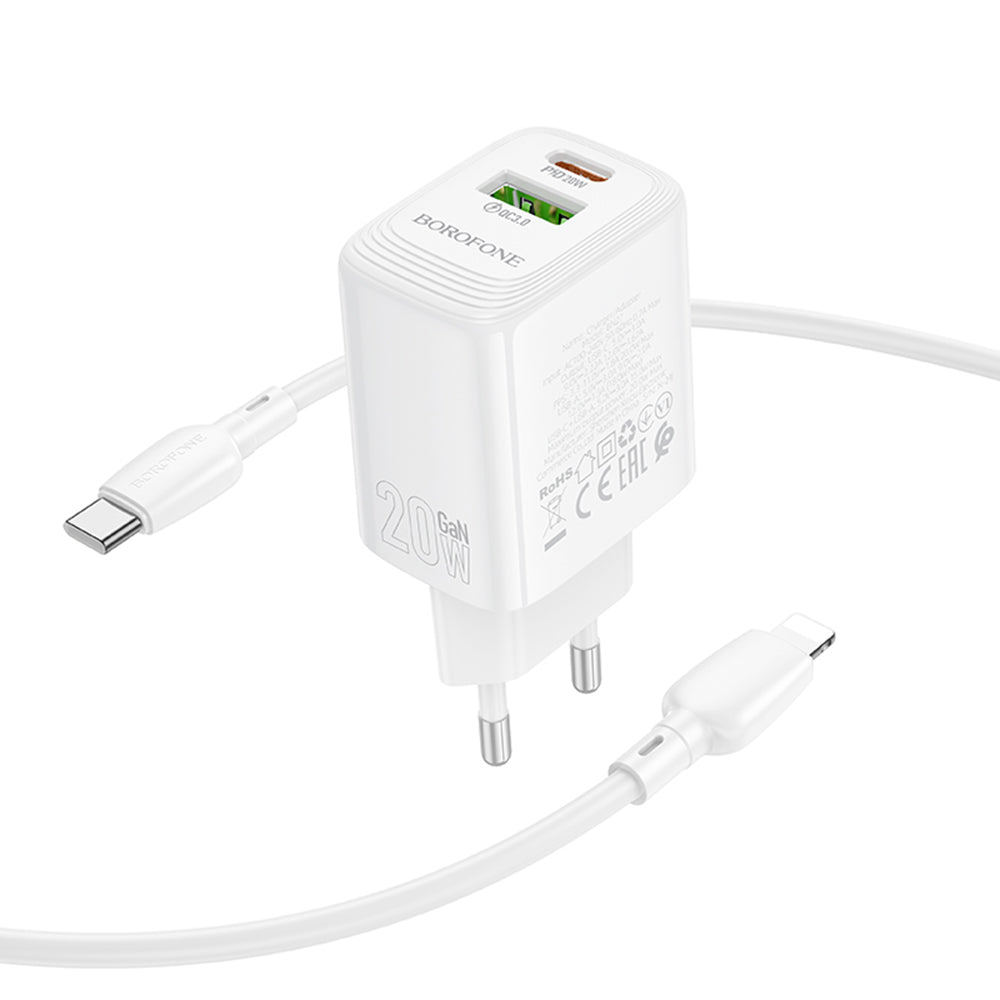 Network Charger with Lightning Cable Borofone BN27 Fuente, 20W, 3A, 1 x USB-A - 1 x USB-C, White