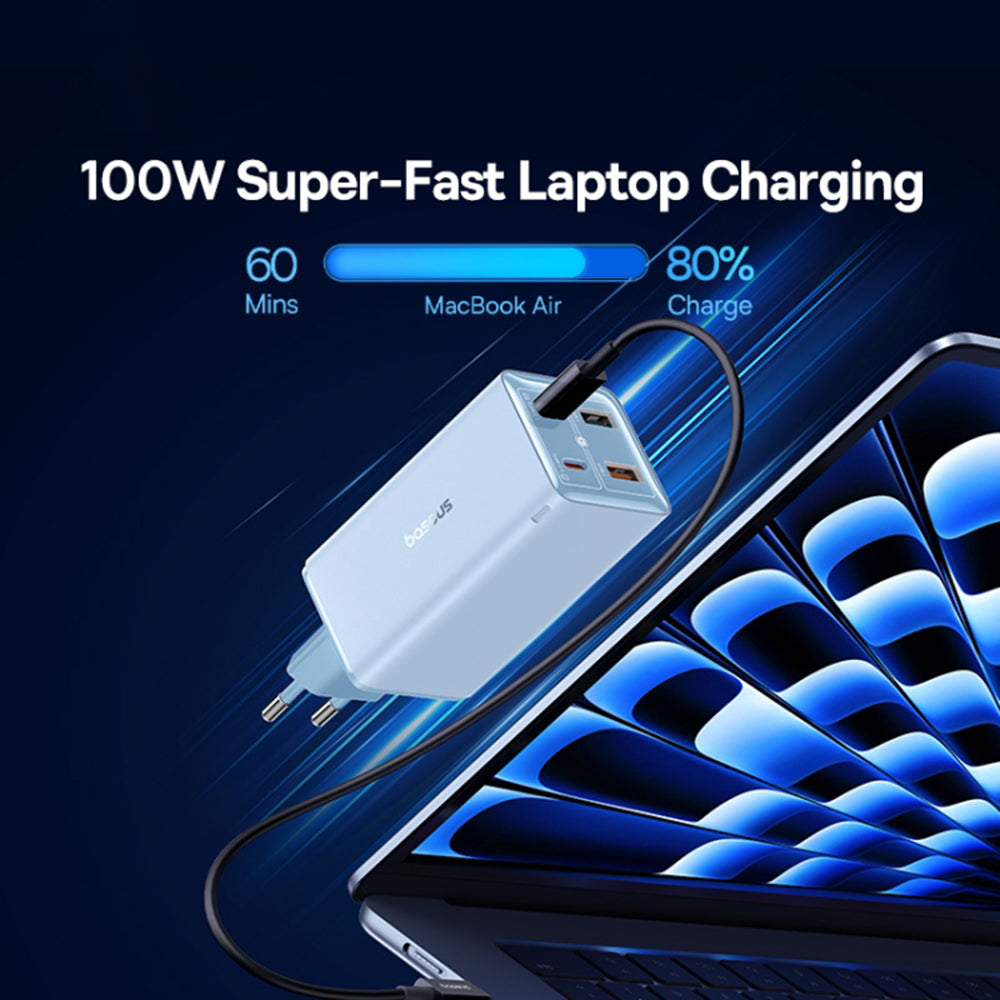 Baseus GaN6 Pro Network Charger with USB-C Cable, 100W, 3.25A, 2 x USB-A - 2 x USB-C, Blue P10162705312-00