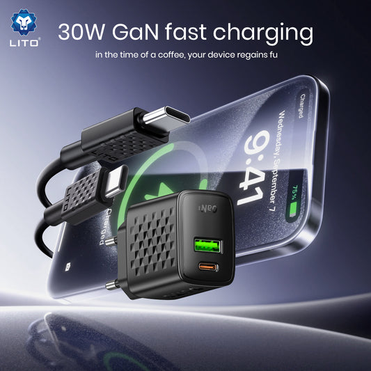 Network Charger with USB-C Cable Lito LC19T, 30W, 3A, 1 x USB-A - 1 x USB-C, Black