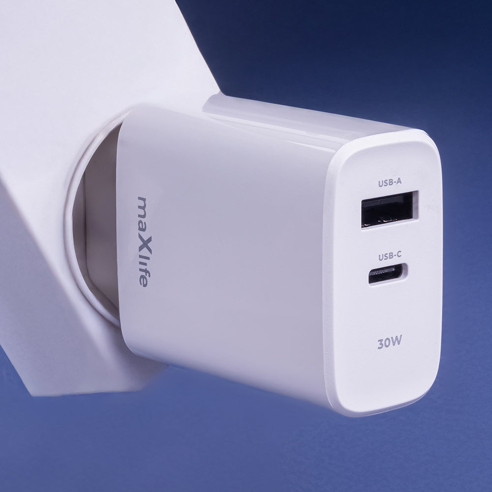 MaXlife Network Charger MXTC-10-30AC, 30W, 3A, 1 x USB-A - 1 x USB-C, White